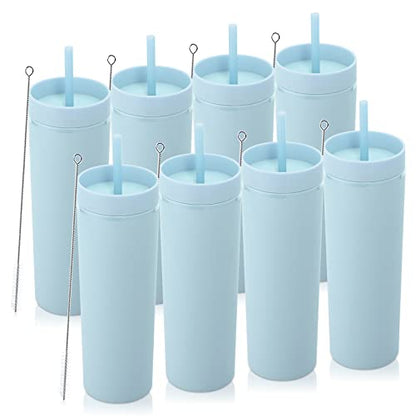 Volhoply 20oz Tumbler with Lid and Straw 8 Pack,Double Wall Plastic Skinny Tumblers Bulk,Reusable Travel Cute Coffee Mug,BPA Free Matte Acrylic Water Cups with Straw for Party,DIY Gifts(Blue, 8 Set) - color: Blue