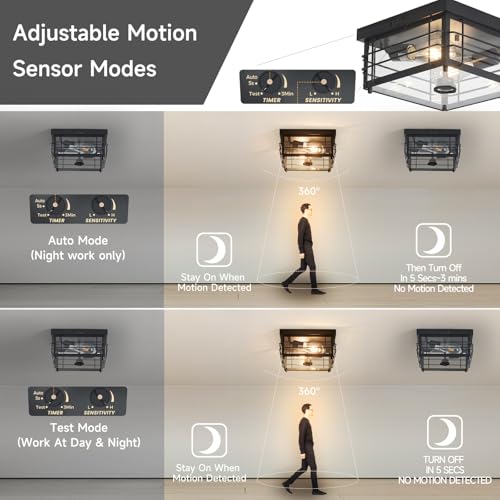 Yisuro Outdoor Ceiling Light with Motion Sensor, Dusk to Dawn Flush Mount Ceiling Light, Adjustable Timer & Sensitivity, Exterior Porch Light Fixture for Front Door, Patio, Garage, Square, Black - color: Black-Square(Bulbs not included)