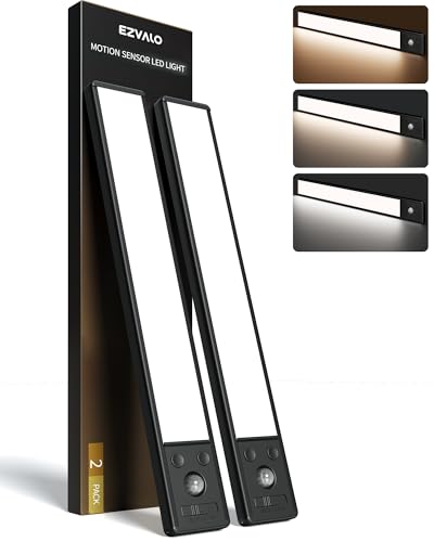 EZVALO Under Cabinet Lighting, 3500mAh Rechargeable Motion Sensor Light Indoor, 3 Color Temps, 5-Level Dimmable Magnetic Wireless Closet Lights for Kitchen, Stairs (Black, 2 Pack) - color: Black, size: 12 Inch