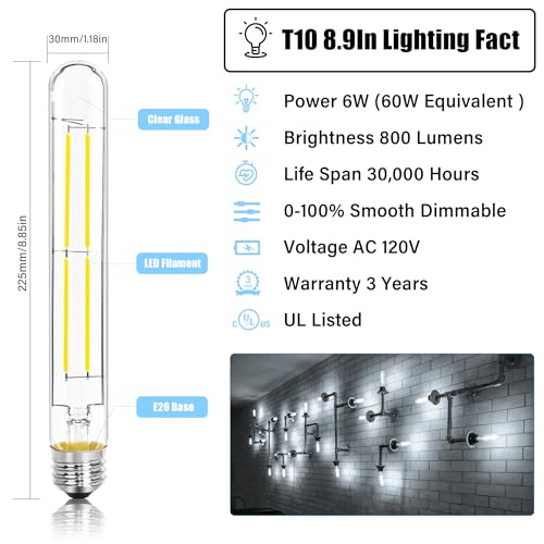 8.9IN LED Light Bulbs E26 Base, 6W 800LM 5000K Daylight White T10 T9 Vintage Edison Bulbs Dimmable, AC 120V Equal 80 Watt Clear Glass Long Tubular Filament Bulb, ETL Certified - 2Pack - size: 9 Inch 6W (2 Count)