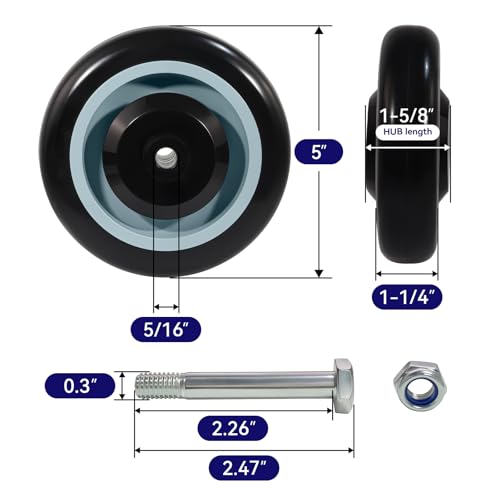 5" Wheels for Cart, 5/16" Axle Polyurethane Shopping Cart Wheels Replacement Casters 1400lbs Total Capacity - style: Black(5/16" Bore)