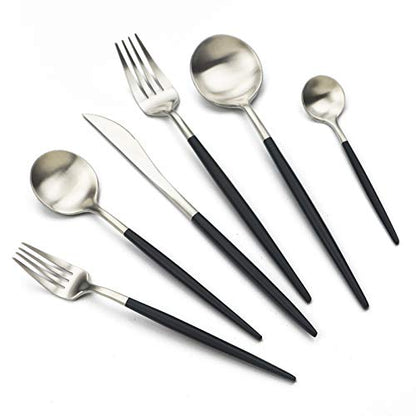 JASHII 18/10 Black Handle Flatware Silver Silverware Set 304 Stainless Steel Flatware Cutlery Set| 6-Piece Adaline Royal Modern Satin Finish| BEST Birthday Wedding Gift (Black Handle Matte Silver) - color: Black/Silver, size: Service for 1
