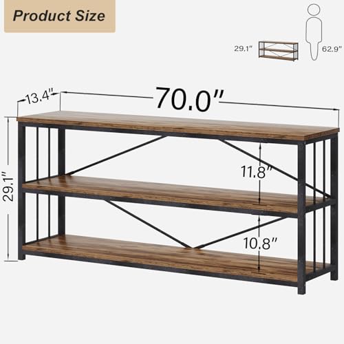 HSH Horizontal Low Bookshelf, Extra Long Industrial Wood 3 Tier Bookcase, Wide Open Metal Large Book Shelf for Bedroom Living Room, Rustic Brown, 70 Inch - color: Rustic Brown, size: 70 Inch