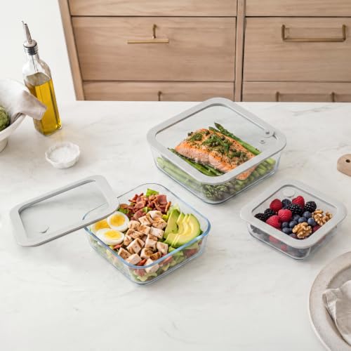 Glass Food Containers with Glass Lid, Microwave Safe Food Storage Container Set, 3 Pack, Square Shape, Food Containers with Lids, Meal Prep containers with Leak Proof Lid. - color: Grey-3S