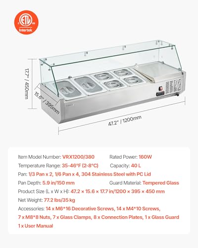 VEVOR Refrigerated Condiment Prep Station, 130W Countertop, Two 1/3 and Four 1/6 Pans, 304 Stainless Body, PC Lid, Sandwich Prep Table with Glass Guard, 3.79 Cu. Ft.