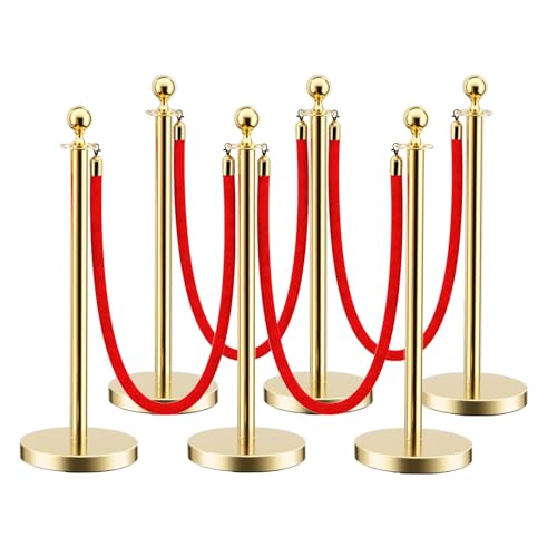 LOVMOR 6PCS Gold Stanchion Posts Queue, 38 Inch Red Velvet Rope, 5 FT Red Carpet Ropes and Poles, Crowd Control Barriers Queue Line Rope, Barriers for Party Supplies - color: Gold-6pack