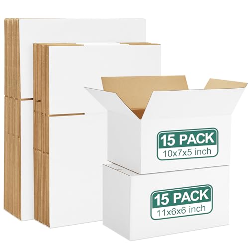 Eupako 30 Pack Small Shipping Boxes Assorted Sizes, 10x7x5 & 11x6x6 15 PCS Each Small Boxes, White Corrugated Box Mailers, Cardboard Boxes for Packaging Small Business, Mailing - color: White, size: 10x7x5 & 11x6x6 Inches