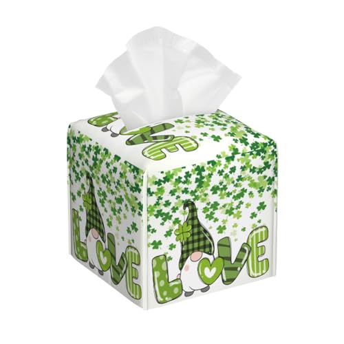 St Patrick's Day Gnome Tissue Box Cover Shamrock Clovers Square Leather Tissue Case Holder Facial Paper Cover Case Organizer Decorative for Tabletop Night Stands Desk Bathroom Kitchen Decor