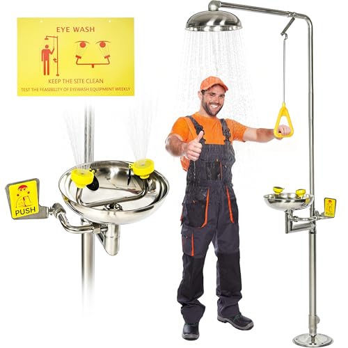 Emergency Shower Eye Wash Station 304 Stainless Steel Eye Wash Station 90.55" Combination Eye Wash Shower Station for Industrial & Commercial & Lab Use, NPT Threads with Emergency Sign
