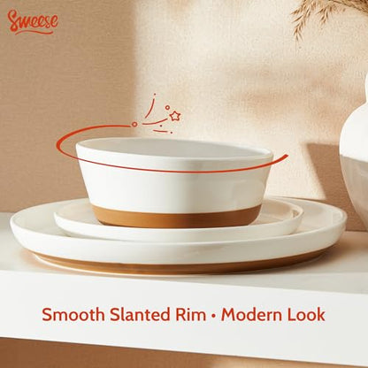 Sweese Porcelain Dinnerware Sets, Handpainted Plates and Bowls Set for 6, Scratch Resistant Dinner Set, Dishwasher and Oven Microwave Safe Dishes Set,White - color: White