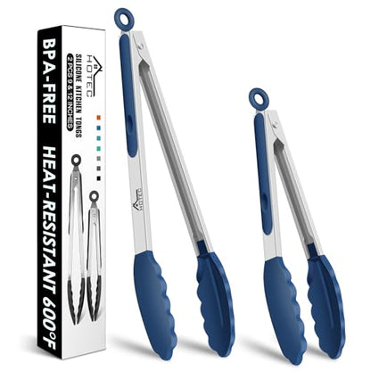 HOTEC Stainless Steel Kitchen Tongs with Silicone Tips, Set of 2-9" and 12" - color: Classic Blue:12+9inch