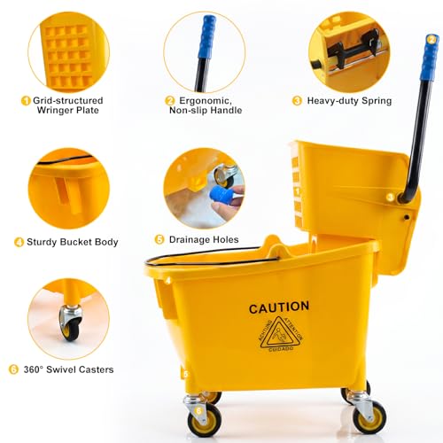 Chasesun 35 Quart Commercial Mop Bucket with Side Press Wringer on Wheels
