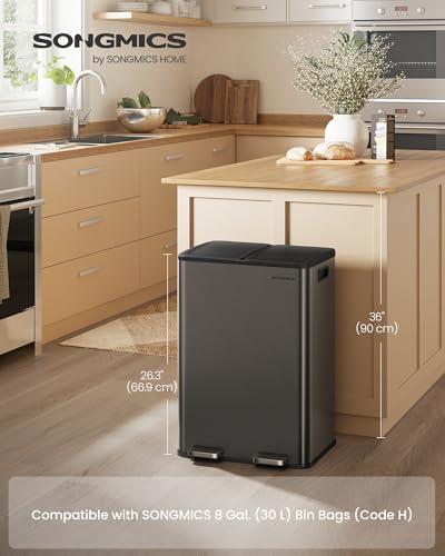 SONGMICS Trash Can, 2 x 8 Gallon (2 x 30 L) Dual-Compartment, Soft-Close - color: Slate Gray, size: 2 x 8 Gallon