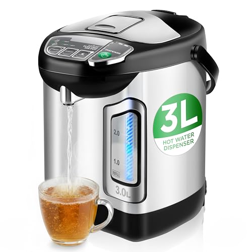 NutriChef Electric Water Boiler and Warmer - 3L/3.17 Qt Stainless Steel Electric Hot Water Dispenser w/Rotating Base, Auto Shut Off, Safety Lock, Instant Heating for Coffee & Tea (NCHUB13) - size: 3.2 Quarts