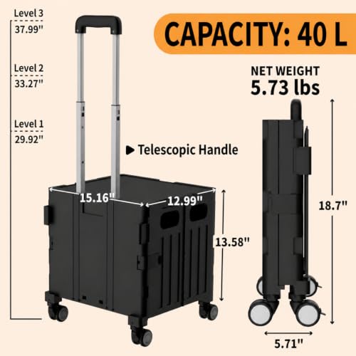Foldable Shopping Cart with Wheels: Black Rolling Utility Crate - color: Black(m)