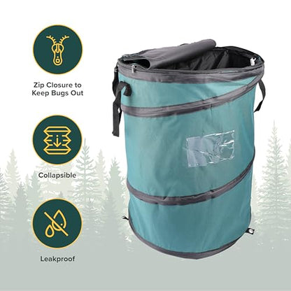 Coghlan's Deluxe Durable Pop-Up Trash Can – Collapsible Garbage Bin with Zippered Lid, Bag Clips, and Anchoring Points for Camping, Home, and Outdoor Use – 29.5 Gallon - color: Green