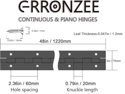 2 PCS Piano Hinge 48 Inch x 3 Inch Heavy Duty Stainless Steel Piano Hinge - color: Silver, size: 48" Long x 3" Overall Width