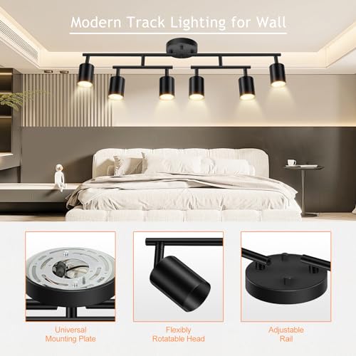 BoostArea 6 Light Track Lighting Kit, Black 6 Way Ceiling Spot Lighting, Center Swivel Track Light Heads, Flexibly Rotatable Light Head for Kitchen, Living Room, Bedroom, GU10 Bulb Not Included - color: Rotatable-6 Light-black