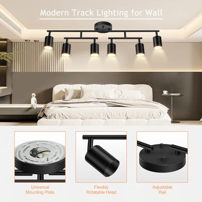 BoostArea 6 Light Track Lighting Kit, Black 6 Way Ceiling Spot Lighting, Center Swivel Track Light Heads, Flexibly Rotatable Light Head for Kitchen, Living Room, Bedroom, GU10 Bulb Not Included - color: Rotatable-6 Light-black