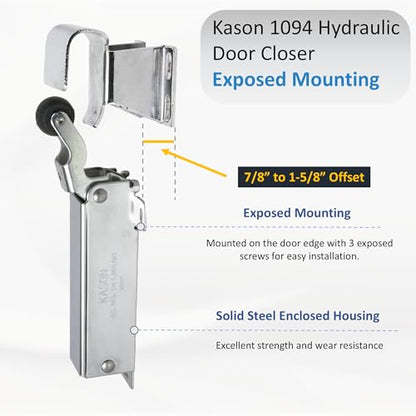 Awoco 1094 Hydraulic Door Closer, Exposed Mounting with 1094-X27 Adjustable Wide Hook (7/8" to 1-5/8" Offset) for Walk-in Coolers/Freezers by Kason - style: Exposed closer with 7/8"to 1-5/8" Hook