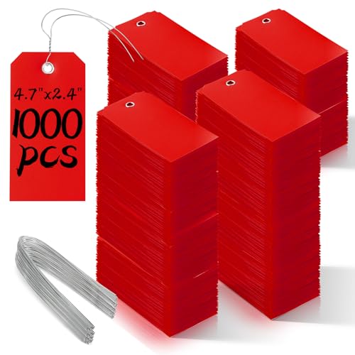 1000 Pieces Plastic Shipping Tags with Wire Labeling Tags Waterproof Hang Tags with Reinforcement Hole Writable Luggage tag Loops for Equipment Inventory Parts Garage (Red, 4 3/4" x 2 3/8") - color: Red