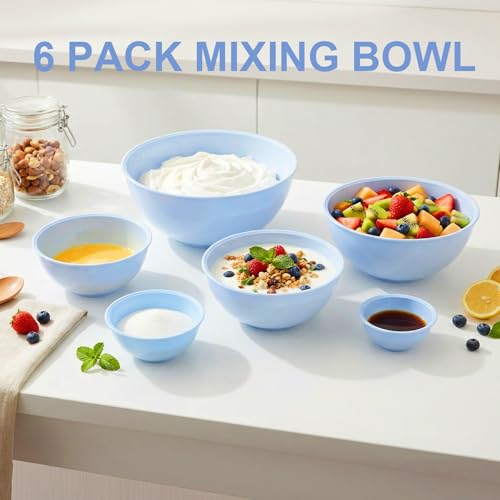 BoxedHome BPA Free Plastic Round Mixing Bowl with Lids, 12 Pack Nesting Bowls with Lids Set, Microwave and Dishwasher Safe Prep & Serving Bowls Great for Mixing, Baking, Serving (Pale Blue, 12pcs) - color: Pale Blue