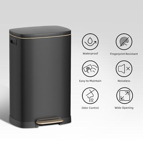 13 Gallon Stainless Steel Trash Can, 50L, Rectangular, Soft-Close Lid, Fingerproof Finish, Hands-Free Operation, Odor Protection,Black - color: Black