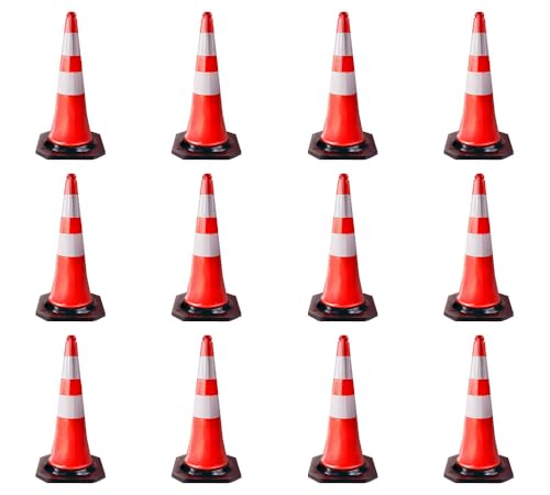 12 Pack Traffic Cones 28 Inch with Reflective Collars & Solid Black Weighted Base - PVC Orange Construction Cones - Stacklable Safety Cones for Parking Lot Driveway Road Traffic - size: 12 - Pack