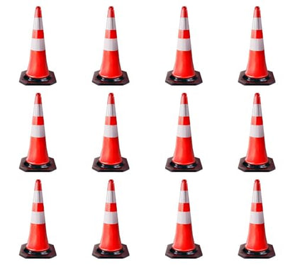 12 Pack Traffic Cones 28 Inch with Reflective Collars & Solid Black Weighted Base - PVC Orange Construction Cones - Stacklable Safety Cones for Parking Lot Driveway Road Traffic - size: 12 - Pack