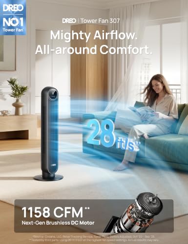 DREO Tower Fan for Bedroom, 28ft/s Velocity, Ultra Quiet Fan, 8 Speeds - color: Black, size: 36 inch
