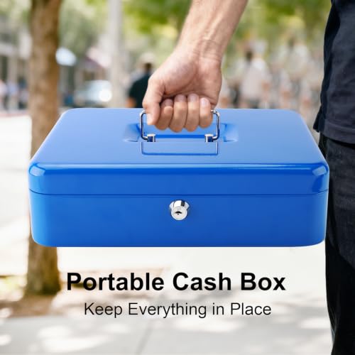 Jssmst Metal Cash Box with Money Tray and Lock, Portable Cash Drawer, 11.8" - color: Blue Key