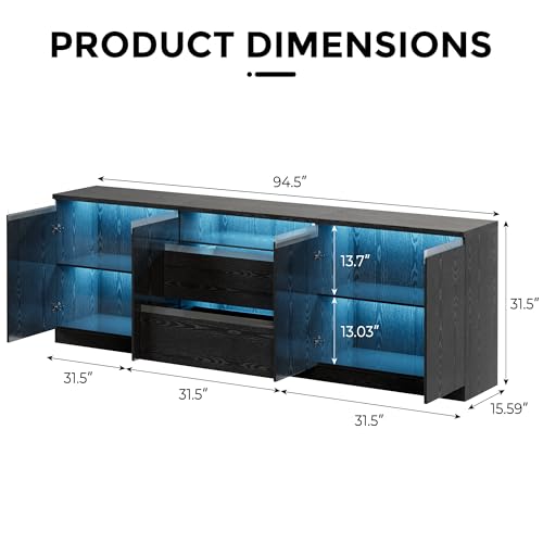 Bobve Modern TV Stand for TVs Up to 100",LED TV Console,Long Entertainment Center with 2 Drawer/2 Cabinets,Universal TV Stand for Living Room,Bedroom,Black,3 Light Modes - color: Black