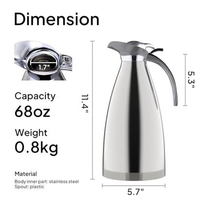 Sumerflos 68 Oz Stainless Steel Coffee Thermal Carafe/Double Walled Vacuum Thermos Insulated / 12 Hour Heat Retention(Silver) - color: Stainless Steel,Silver