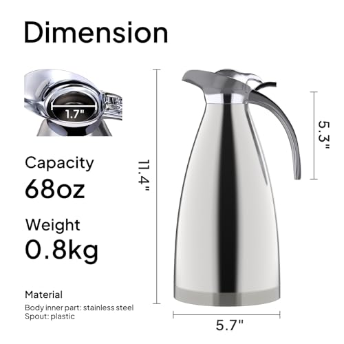 Sumerflos 68 Oz Stainless Steel Coffee Thermal Carafe/Double Walled Vacuum Thermos Insulated / 12 Hour Heat Retention(Silver) - color: Stainless Steel,Silver