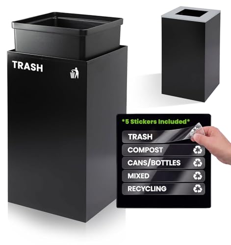 Alpine Commercial Indoor Trash Can - 29 Gallon Modern Looking Black Office Trash can, Metal Trash and Recycling Container with Stickers & 3 Optional Lids (lid Sold Separately) - color: Black Can