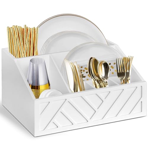 Ukonvi Paper Plate Dispenser, Paper Plate Holder for Kitchen Counter, Wood Rustic Silverware Utensil Caddy, Cutlery Flatware Organizer Box for Cups Spoons Forks Plates Napkins, Kitchen Accessories - color: White