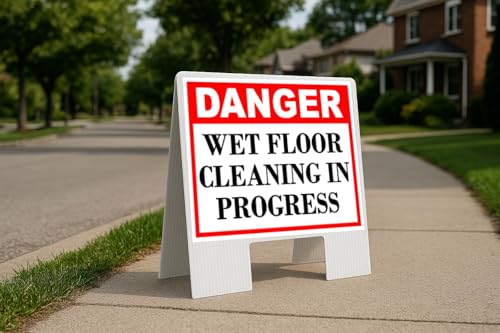 Wet Floor Cleaning In Progress Danger Folding Coroplast A-Frame Double-Sided 23in x23in