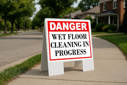 Wet Floor Cleaning In Progress Danger Folding Coroplast A-Frame Double-Sided 23in x23in