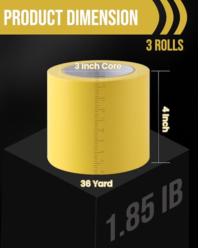 Lichamp 3 Rolls Vinyl Tape, 4" x 36 Yards per Roll, 108 Total Yards, Yellow - color: Yellow