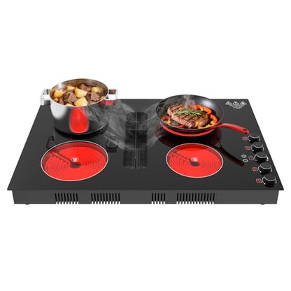 30" Electric Cooktop with Downdraft – 4 Burner 6000W Built-in Electric Stove, BBQ Bridge Burner, Timer, Safety Lock, Recirculating Vent (220V-240V) - color: Black 4 Burner Electric Cooktop