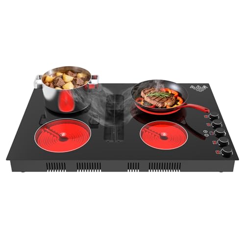 30" Electric Cooktop with Downdraft – 4 Burner 6000W Built-in Electric Stove, BBQ Bridge Burner, Timer, Safety Lock, Recirculating Vent (220V-240V) - color: Black 4 Burner Electric Cooktop