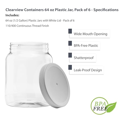 6 Pack - 64 oz (Half Gallon) Plastic Storage Jars with 110-400 Leak Proof White Lid, Food Grade, BPA Free, Hand Wash Only (64oz, 6pk) - size: 6pk - 64oz, White