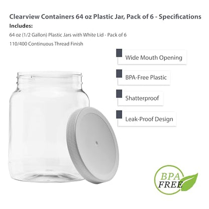 6 Pack - 64 oz (Half Gallon) Plastic Storage Jars with 110-400 Leak Proof White Lid, Food Grade, BPA Free, Hand Wash Only (64oz, 6pk) - size: 6pk - 64oz, White