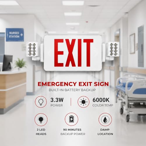 8 Pack Double Sided LED Emergency EXIT Sign Combo, Two LED Lights, Backup Battery, US Standard Red Letter Emergency Exit Lighting, Commercial Grade, 120-277V, Fire Resistant (UL 94V-0)