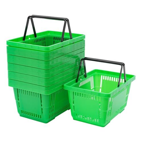 12 PCS Shopping Baskets with Handles, 18L Stackable Plastic Grocery Baskets, Heavy Duty Portable Baskets for Supermarket Retail Store Bookstore KTV Home Use, Green - color: Green