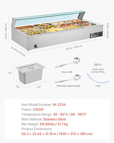 VEVOR Commercial Food Warmer, 1700W Electric Stainless Steel Steam Food Warmer with Glass Cover, 12-Pan Countertop Buffet Bain Marie with Soup & Perforated Ladles, for Catering, Restaurant & Party - size: 56.3 x 22.44 x 15.16 in