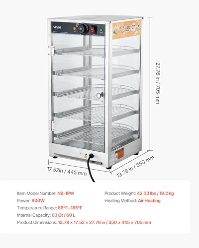 VEVOR 5-Tier Commercial Food Warmer Display, 800W Food Display Warmer with LED Light, Adjustable Shelf and Stainless Steel Frame, 86℉~185℉ Air Heating, 60L for Hamburger, Pizza, Bread, Fried Chicken - size: 5-Tier-63Qt
