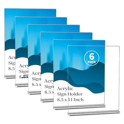 Acrylic Sign Holder 8.5 x 11 Inch, 6 Pack Clear Double-Sided T-Shape Tabletop Display Stands for Menus, Flyers, Signs, and Photos - size: 6 Pack 8.5x11