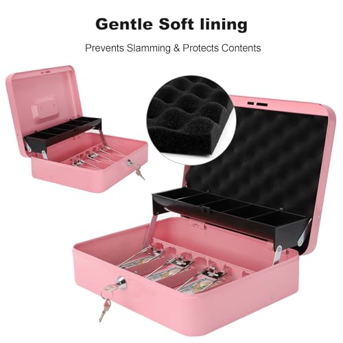 Cash Box with Key Lock & Foam Auto-Pop Coin Tray – Secure Steel Money Box with 4 Upgraded Finger-Safe Bill Clips, Premium Smooth Scratch-Resistant Coating, 11.8"L x 9.5"W x 3.5"H, KL Pink - color: KL Pink