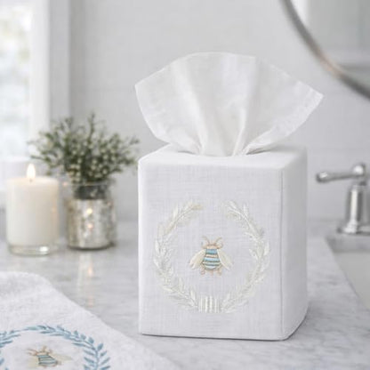 Jacaranda Living Square Tissue Box Cover, Linen/Cotton Fabric Tissue Holder, Decorative Cloth Tissue Cube Cover, Embroidered Bee Designs, Napoleon Bee Wreath (Cream) - color: Napoleon Bee Wreath (Cream)